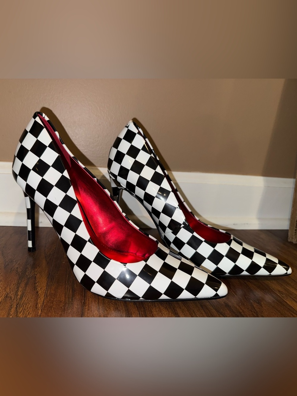 Nine West Black and White Checkerboard Pointed Stilettos with Red Lining